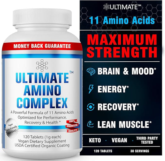 Ultimate Amino Acid Complex Supplement - 120 Easy-to-Swallow, Flavorless 1g Tablets - All 9 EAA Plus Cystine & Tyrosine - 2:1:1 BCAA Ratio - Increase Energy, Lean Muscle & Recovery - Vegan & Non-GMO