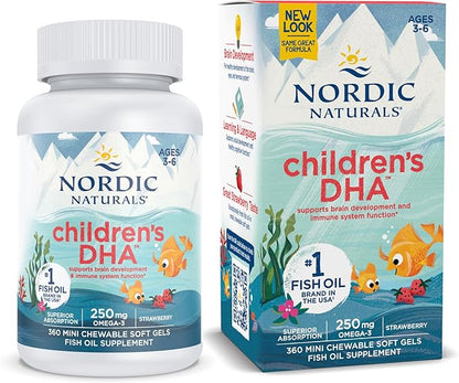 Nordic Naturals Children’s DHA, Strawberry - 360 Mini Chewable Soft Gels for Kids - 250 mg Omega-3 with EPA & DHA - Brain Development & Function - Non-GMO - 90 Servings