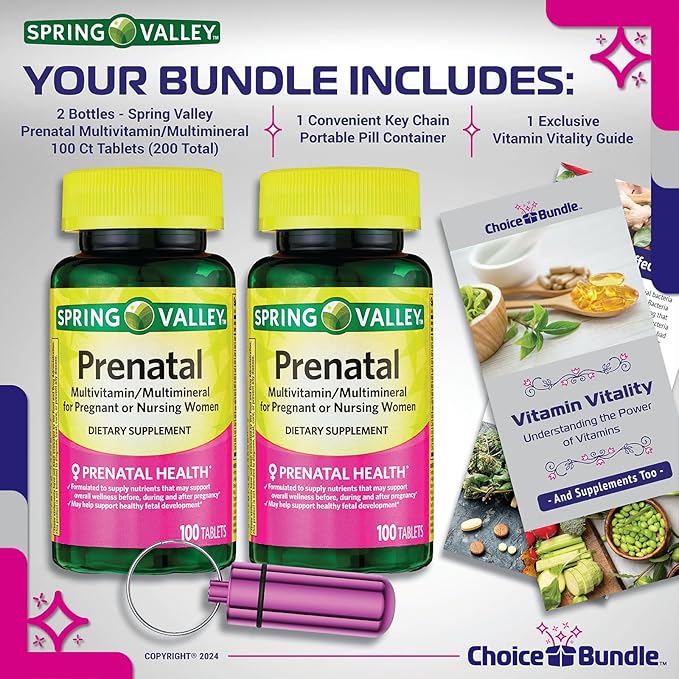 Spring Valley Prenatal Multivitamin Multimineral for Pregnant & Nursing Women Dietary Supplement Tablets 100 Ct 2 pk Choice Bundle (200 Total) + Vitamin Guide & Pill Container (4 Items)!