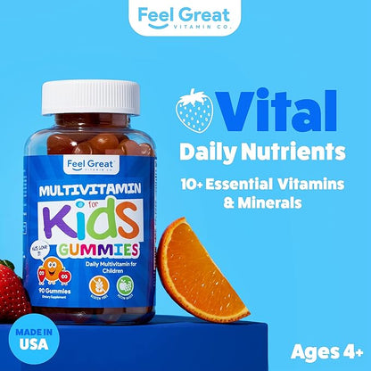 Feel Great Kids Multivitamin Gummies | Citrus & Strawberry Flavored Kids Gummies Multivitamins for Bone, Muscle & Immune Support | Chewable Vegetarian Gummy Vitamins | 45 Day Supply