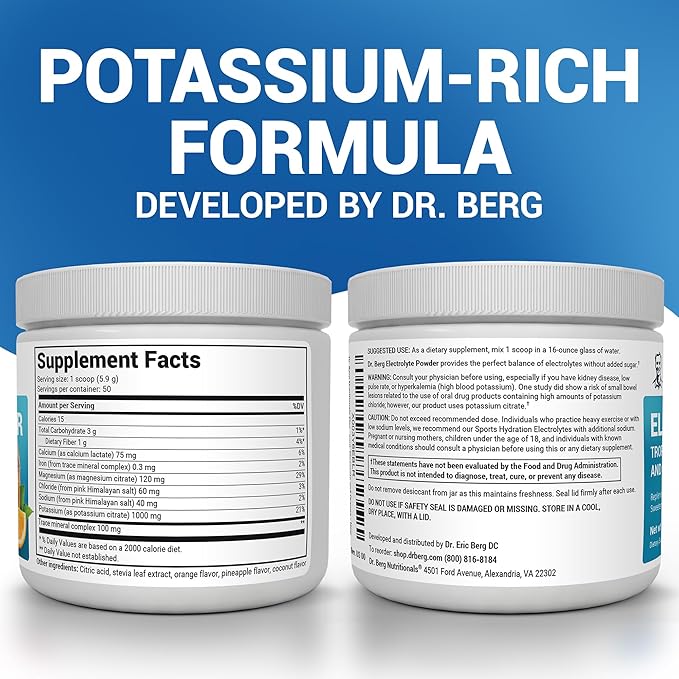 Dr. Berg Zero Sugar Hydration Keto Electrolyte Powder - Enhanced w/ 1000 mg of Potassium & Real Pink Himalayan Salt (NOT Table Salt) - Tropical Coconut, Pineapple & Orange Drink Supplement 50 Servings
