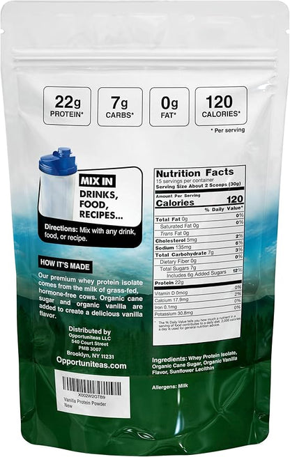 Opportuniteas Grass Fed Vanilla Whey Protein Isolate Powder - 22g Protein Powder Without Artificial Sweeteners, Hormone-Free Cows, Non GMO - 1lb