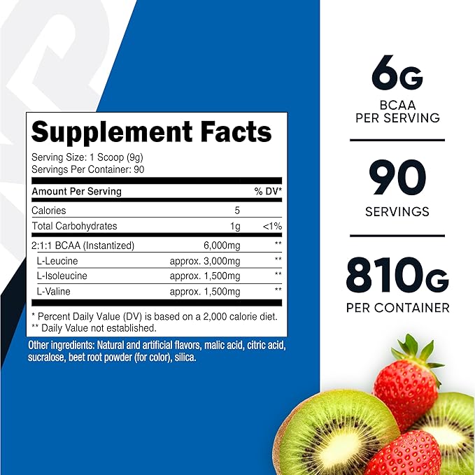 Nutricost BCAA Powder (Strawberry Kiwi, 90 Servings) - Optimal 2:1:1 Ratio