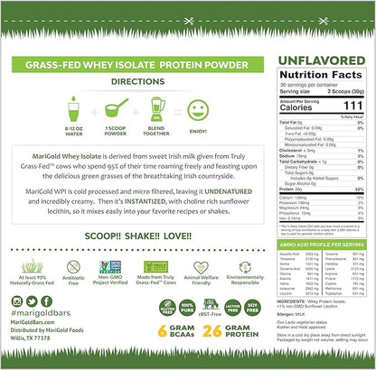 MariGold Grassfed Whey Isolate Protein Powder - Unflavored 2LB - Muscle Building & Recovery - 100% Pure, Cold Processed, Micro Filtered, Non-GMO, rBGH Free, Soy Free, Gluten Free, Lactose Free