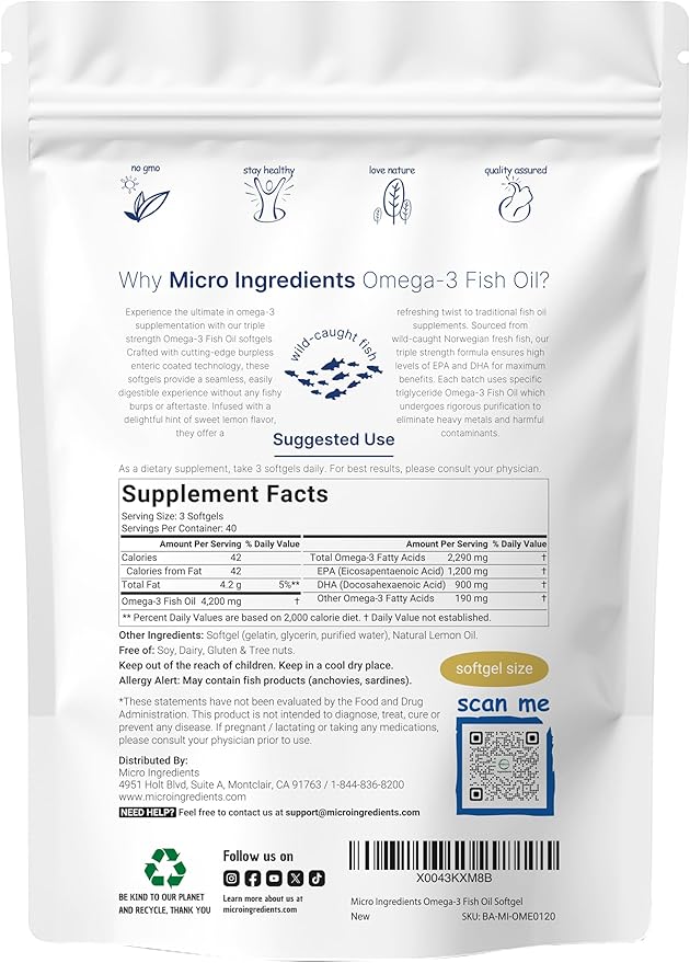 Triple Strength Omega 3 Fish Oil Supplements 4200mg Per Serving, 120 Softgels – Lemon Flavored – Burpless | EPA 1200mg + DHA 900mg | Deep Sea Fish