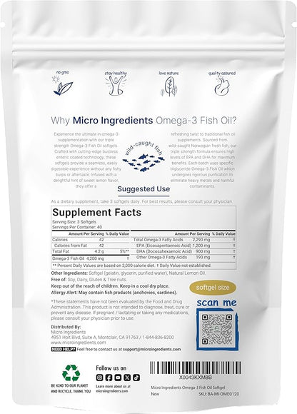 Triple Strength Omega 3 Fish Oil Supplements 4200mg Per Serving, 120 Softgels – Lemon Flavored – Burpless | EPA 1200mg + DHA 900mg | Deep Sea Fish