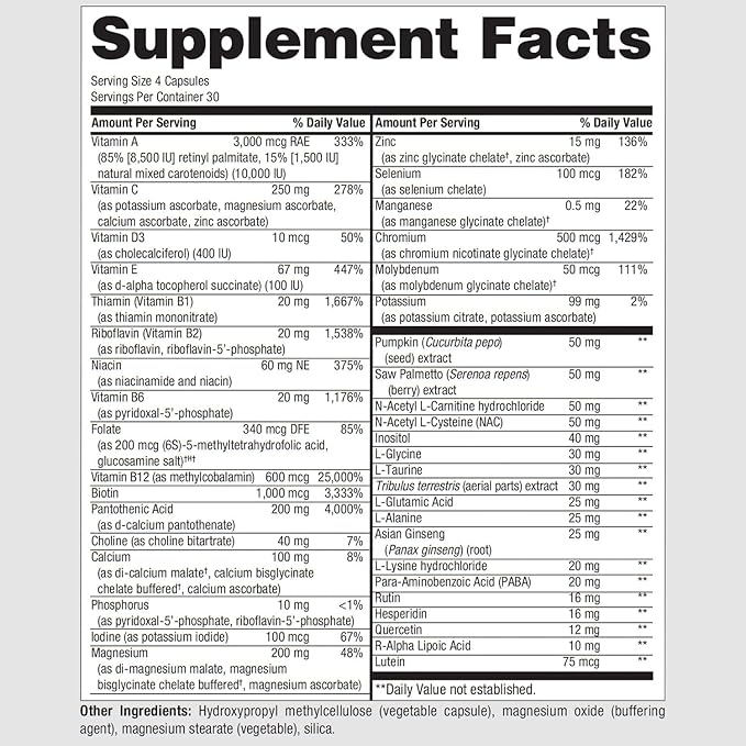 PureFormulas PureMulti for Men - Daily Comprehensive Multivitamin for Men's Health, Vitality, Energy, Focus, & Performance. Mens Vitamins A, C, D, E, & B12, Zinc Calcium, Magnesium & More 60 Capsules