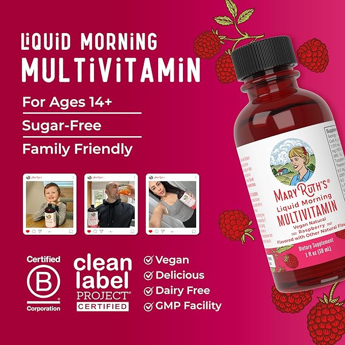 MaryRuth Organics Multivitamin for Women Men & Kids No Added Sugar | Morning Raspberry | Liquid Vitamins for Adults & Kids | Mens | Womens Multivitamin | Energy & Beauty Booster | 16-1 Fl Oz Bottles
