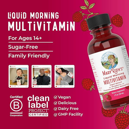 MaryRuth Organics Multivitamin for Women Men & Kids No Added Sugar | Morning Raspberry | Liquid Vitamins for Adults & Kids | Mens | Womens Multivitamin | Energy & Beauty Booster | 16-1 Fl Oz Bottles