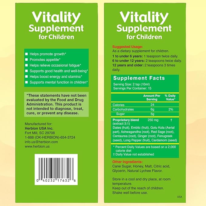 Herbion Naturals Vitality Supplement for Children - Promotes Growth and Appetite - Relieves Fatigue - Improves Mental and Physical Performance – 5 fl oz, For Kids 1 Year and Above, Pack of 2