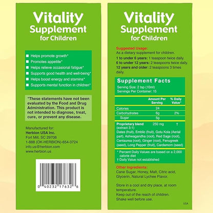 Herbion Naturals Vitality Supplement for Children - Promotes Growth and Appetite - Relieves Fatigue - Improves Mental and Physical Performance – 5 fl oz, For Kids 1 Year and Above, Pack of 2