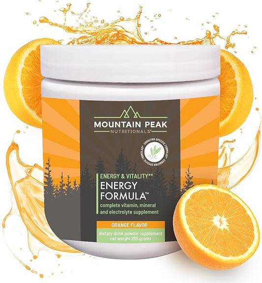 Mountain Peak Nutritionals Energy Formula - All in One Multi-Mineral Powder - Complete Nutrition, Vitamin, Mineral, and Electrolyte Supplement for Men & Women - Orange Flavor (255g, 30 Servings)