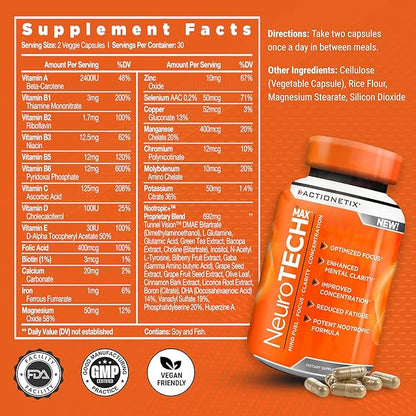 NeuroTech MAX Brain Supplements for Memory and Focus, Caffeine Free Nootropic Brain Supplement, Rich Brain Supplements with DMAE, Bacopa, Huperzine for Atheletic Performance