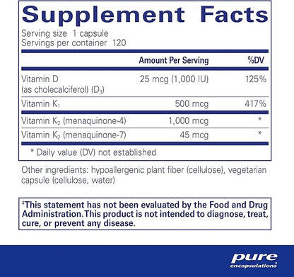 Pure Encapsulations Synergy K - with Vitamin K1, K2 & D3 - Supports Bones, Blood Vessels, Vascular Elasticity & Calcium Utilization* - Includes Cholecalciferol - Gluten Free & Non-GMO - 120 Capsules