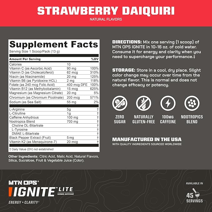MTN OPS Ignite Lite Supercharged Energy Drink Mix - 100mg Caffeine, 45-Serving Tub, Strawberry Daiquiri Flavor by Eva Shockey