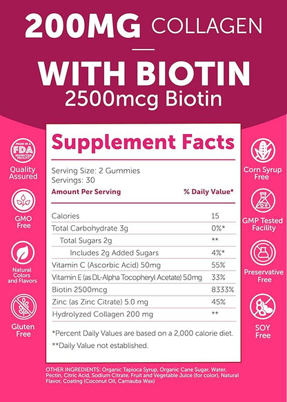 Lunakai USA Made Collagen Peptides Gummies - 200mg Non-GMO Anti-Aging Formula with Biotin, Zinc, Vitamins C & E for Hair, Skin and Nails, 60ct