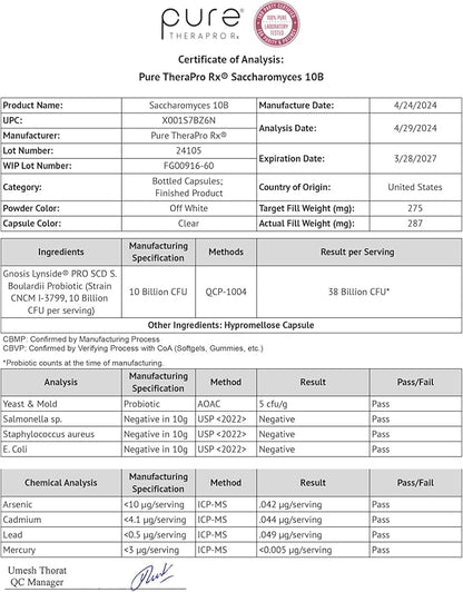 Saccharomyces 10B - Saccharomyces Boulardii, 10 Billion CFU Per Serving, Patented Strain: Lynside CNCM I-3799, Probiotic Capsules, Probiotics for Men and Women - 60 Count