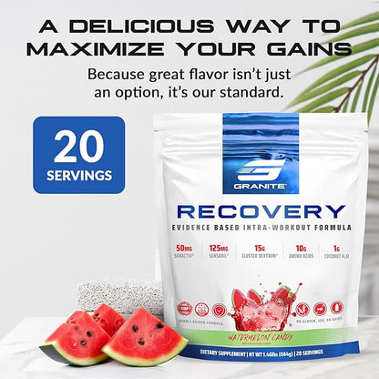 Granite Recovery for Intra & Post Workout |10g Aminos, Electrolytes, Cluster Dextrin for Muscle Recovery & Growth | Amino Acids Supplement with Sensoril | 20 Servings | Watermelon Flavor
