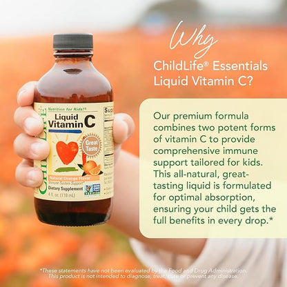CHILDLIFE ESSENTIALS Liquid Vitamin C - Liposomal Vitamin C Liquid, Pure Vitamin C, Vitamin C for Kids, Liquid Supplement, Immune System Support, Great Taste - Natural Orange, 4 Fl Oz (Pack of 2)