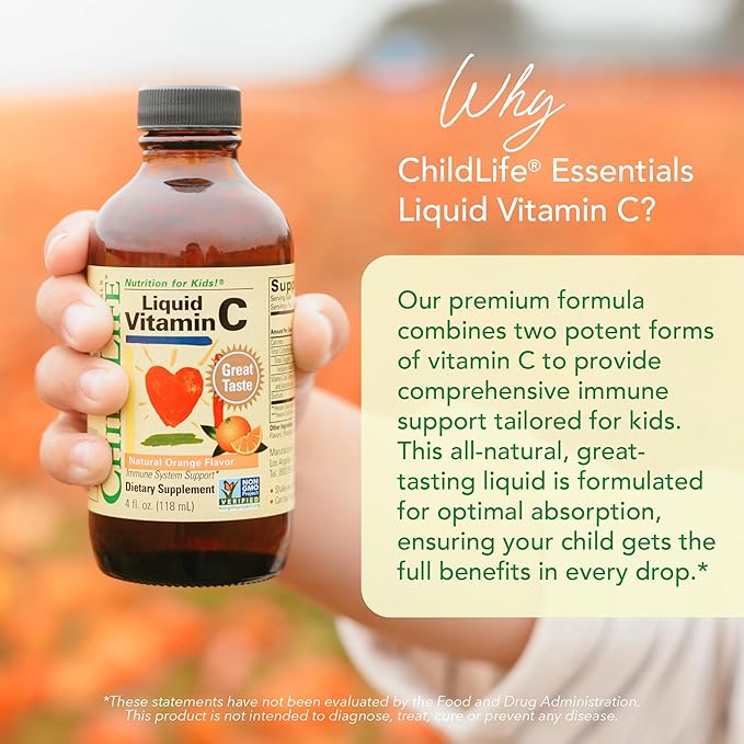 CHILDLIFE ESSENTIALS Kids Vitamin C - Liposomal Vitamin C Liquid for Kids, Toddlers & Babies, Pure Vitamin C Supplement, Immune System Support, Natural Orange Flavor, 4 Fl Oz (Pack of 1)