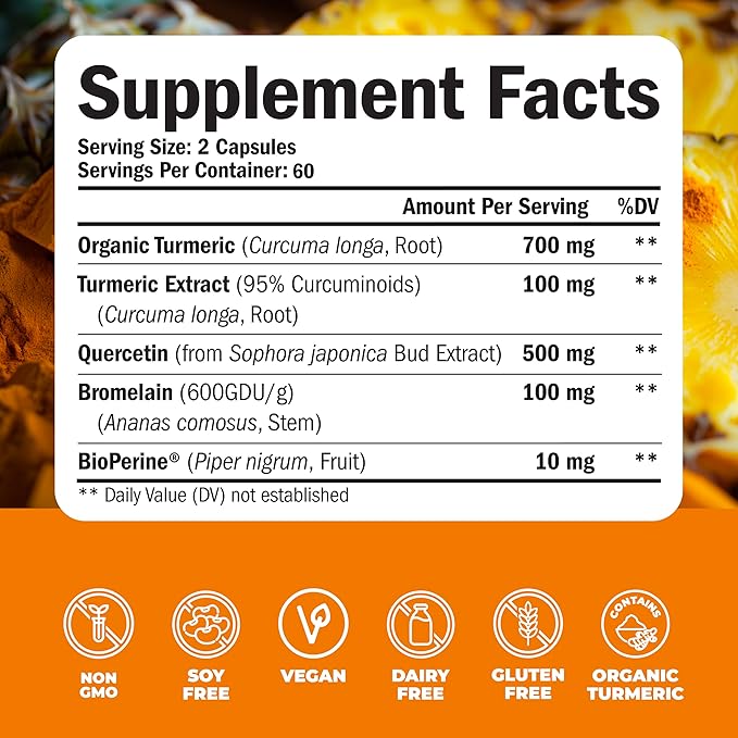 Quercetin with Bromelain Turmeric Supplement - Quercetin 500mg Capsules with Curcumin & Bromelain powder for Allergy & Joint Support. Turmeric Curcumin Bromelain Supplement. 120 Vegan Tumeric Capsules