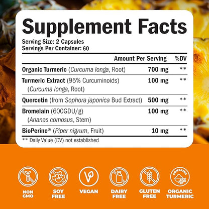 Quercetin with Bromelain Turmeric Supplement - Quercetin 500mg Capsules with Curcumin & Bromelain powder for Allergy & Joint Support. Turmeric Curcumin Bromelain Supplement. 120 Vegan Tumeric Capsules