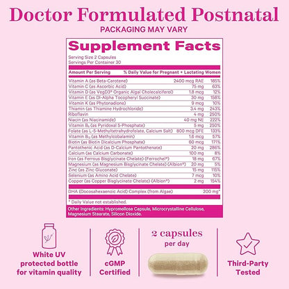 Pink Stork Total Postnatal Vitamins for Women with Vegan DHA, Iron, Folate, and Vitamin B12, Postpartum Recovery Essentials, Daily Supplement for Breastfeeding Moms - 1 Month Supply