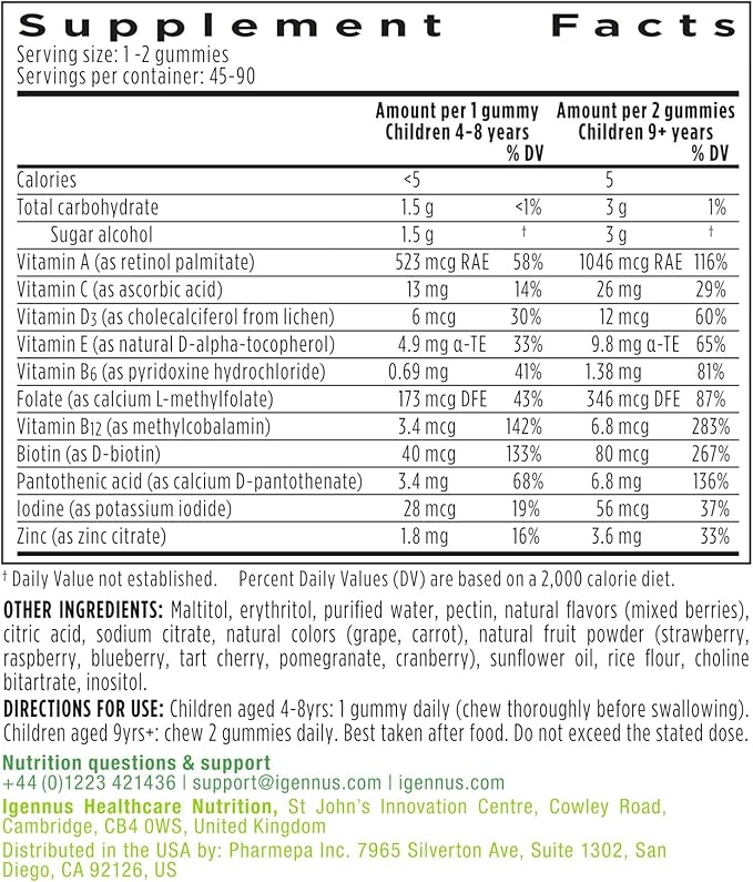 Methylated Kids Multivitamin Gummy, MTHFR Supplement with B-Vitamins & Vitamin D, No Artificial Sweeteners or Flavors, Sugar Free, Age 4+, 90 Berry Gummies, Non-GMO, Halal, Clean Label, by Igennus