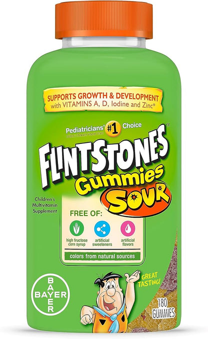 Flintstones Sour Gummy Vitamins For Kids, Kids Multivitamin Gummies with Vitamins C, B6, B12, A & Vitamin D, Support Kids Growth and Development, 180 Count