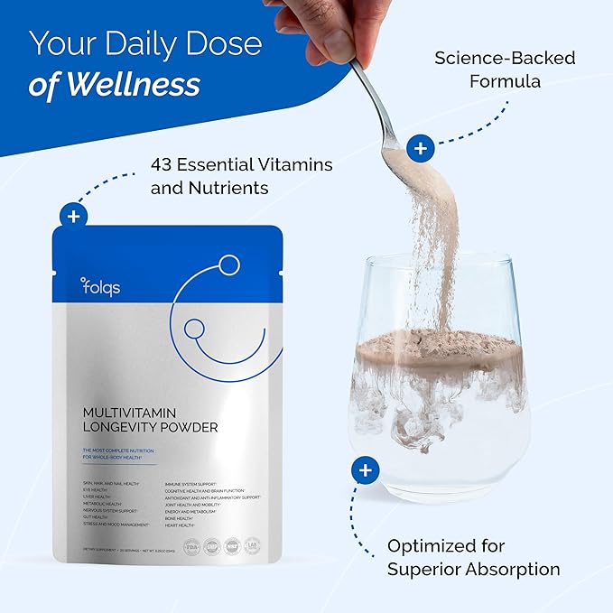 Multivitamin Longevity Powder for Healthy Aging - Whole Body Health and Immune Support - Digestive and Gut Health - Multivitamin for Women and Men 40+ - Mushroom Extracts, A,D3,E, B-Complex