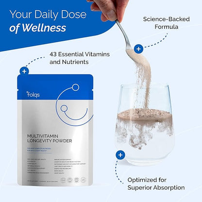 Multivitamin Longevity Powder for Healthy Aging - Whole Body Health and Immune Support - Digestive and Gut Health - Multivitamin for Women and Men 40+ - Mushroom Extracts, A,D3,E, B-Complex