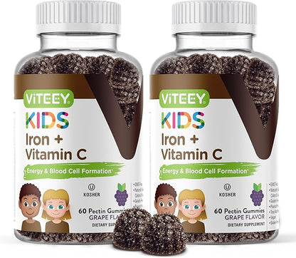 Iron Gummies for Kids with Vitamin C - Supports Energy, Blood Cell Formulation, Blood Builder Anemia Kids Iron Supplements - Vegan, Gelatin Free, Gluten Free - Tasty Chewable Grape Flavored Gummy