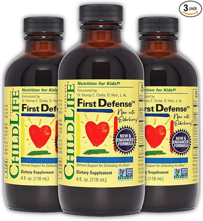 CHILDLIFE ESSENTIALS First Defense - Kids Immune Support, Immune Support for Kids, Toddlers 1-3, Babies 6 Months+, Vitamin Syrup with Elderberry, Zinc, Non GMO, Gluten Free - 4 Fl Oz (Pack of 3)
