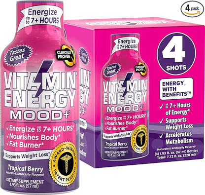 Mood Support Vitamin Energy Drink - Sugar Free, Keto/Vegan Friendly Shots | Mood Balancing with Rhodiola and Chamomile | Energize up to 7+ Hours | Tropical Berry - 1.93 Fl Oz - Pack Of 4