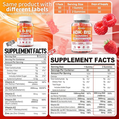 Sugar-Free ADK+Vitamin B12 Gummies - Vitamin D3 K2 10,000IU/ 5000IU, B12 5000mcg 2500mcg, K2 (MK-7) 240mcg, Multivitamin Adults-Vitamin A,Vegan Vitamin D,Methyl B12,C,Zinc-Eye,Bone,Energy,Nerve,Immune