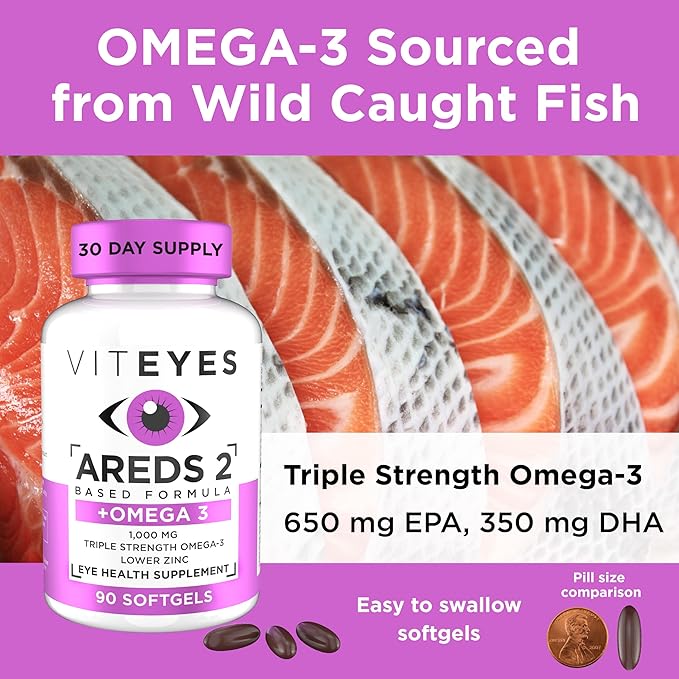 Viteyes AREDS 2 + Omega-3 Macular Health Formula Softgels, Triple Strength Omega-3 (650 mg EPA, 350 mg DHA), Eye Health Vitamin for Vision Protection, 90 Softgels