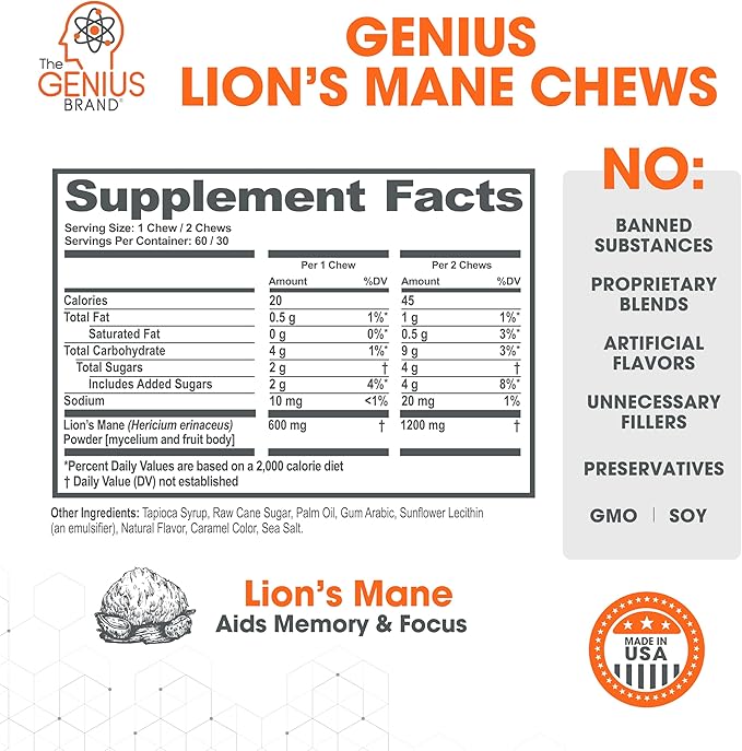 Genius Lion's Mane Soft Chews Supplement – Nootropic Mushroom for Focus, Clarity, Memory, Energy, Brain Health Support – Salted Caramel Flavor