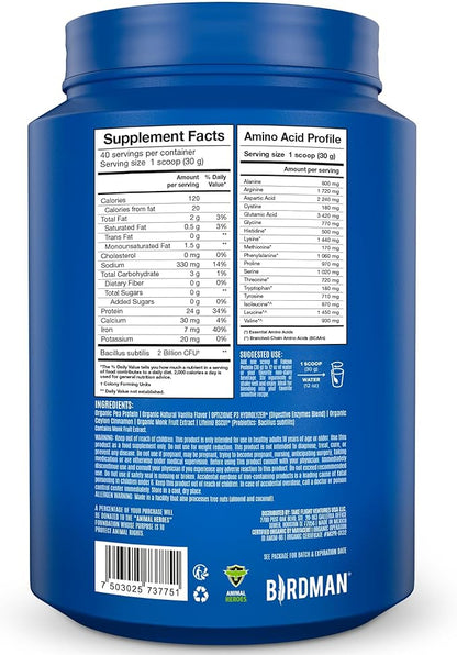 BIRDMAN Falcon Vegan Protein Powder Organic, Stevia & Sugar Free, Plant Based Protein, Low Carb, Dairy Free, Keto, Non Whey Protein, Probiotic, Pea Protein | Vanilla Flavor - 40 Servings - 2.64lb