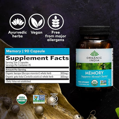 ORGANIC INDIA Memory Herbal Supplement - Brain Supplement for Memory and Focus, Bacopa Monnieri & Gotu Kola Brain Herbal Supplement, Memory Support - USDA Certified Organic, Non-GMO - 90 Capsules