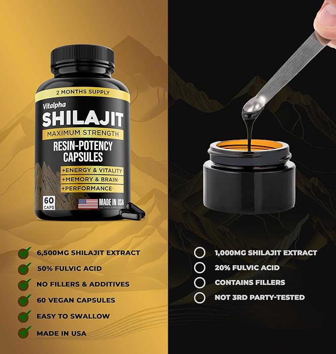 Resin-Potency Shilajit Capsules (50% Fulvic Acid) - 500mg Max Potency Extract - Organic & Pure Himalayan Shilajit - Made in USA - 85+ Trace Minerals - Monthly Supply - 60 Count