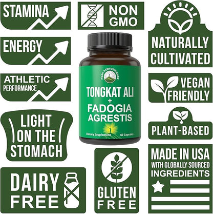 Tongkat Ali + Fadogia Agrestis 2-in-1 T Supplement for Men. Ultra High Strength Tongkat-Ali Longjack Extract + Fadogia Agrestis Extract. Vegan Capsules. Support Natural Energy. USA Tested Pills