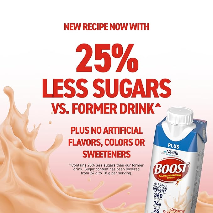 BOOST Plus Ready to Drink Balanced Nutritional Drink, Creamy Strawberry, 8 Fl Oz (Pack of 24)