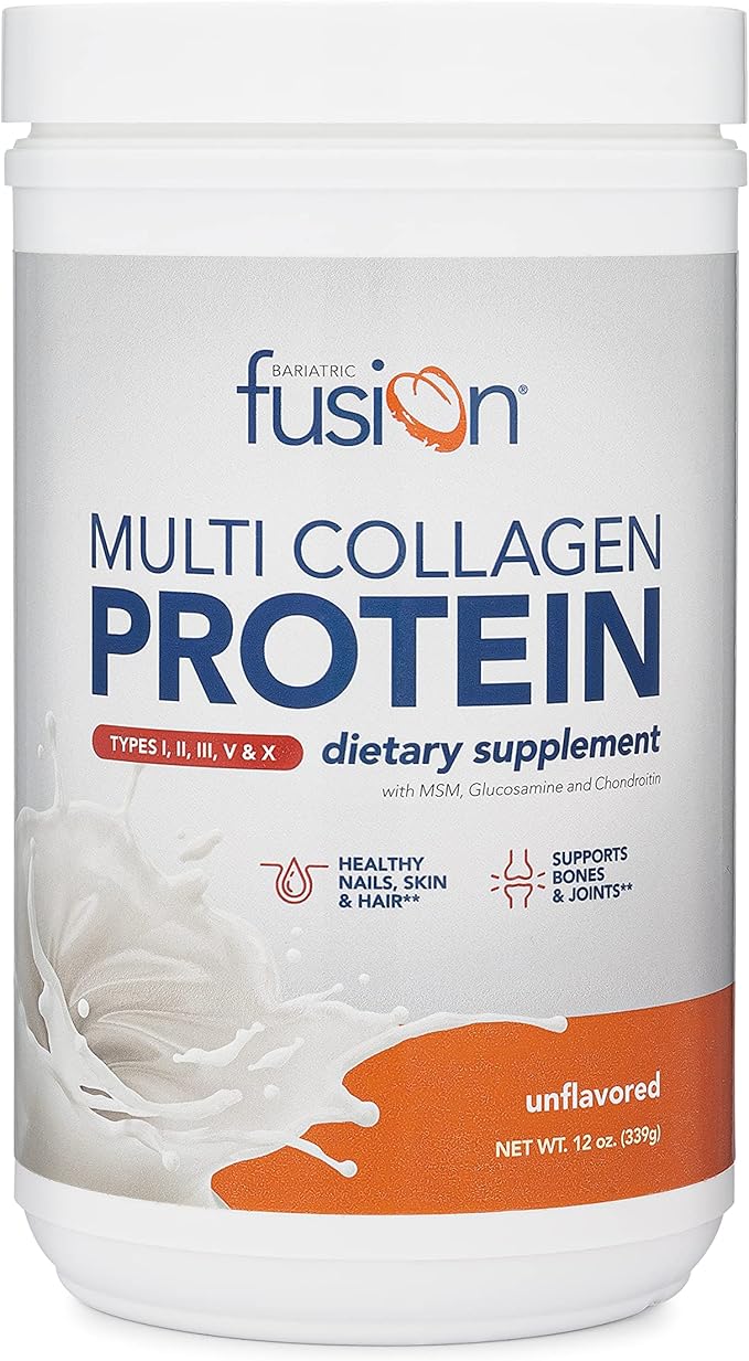 Bariatric Fusion Unflavored Multi Collagen Protein Powder | Hydrolyzed Collagen Peptides Powder Plus Joint Support Complex of MSM and Glucosamine | Type 2 | Dairy, Gluten & Soy Free | 30 Servings