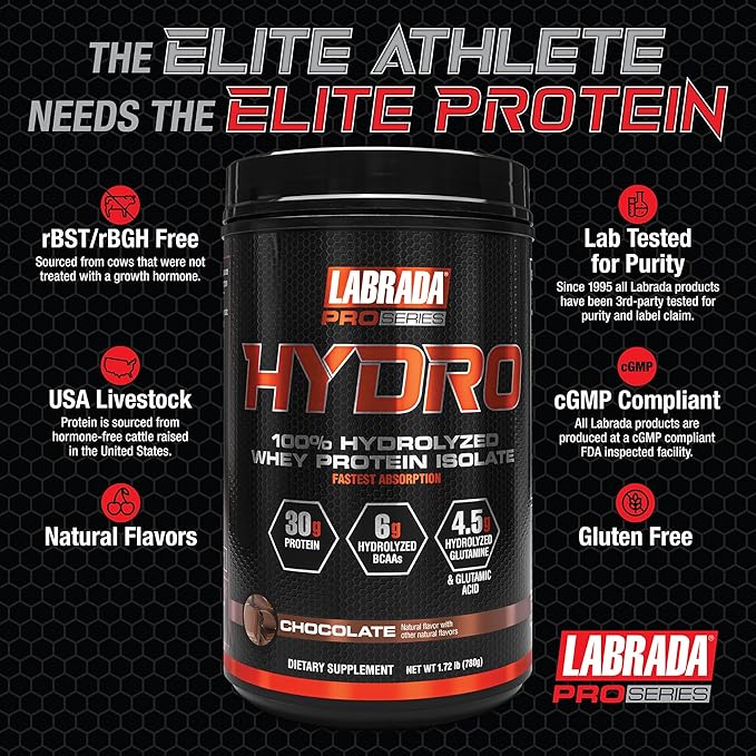 Labrada Hydro 100% Pure Hydrolyzed Whey Protein Isolate Powder, Lactose Free, Fastest Digesting, Instant Mixing,Delicious Taste 20 Servings(Chocolate)