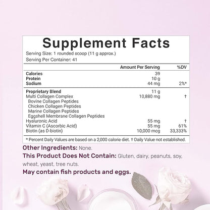 Multi Collagen Protein Powder,1Lb - Type I, II, III, V, X Collagen Peptides with Biotin 10000mcg, Vitamin C & Hyaluronic Acid - Unflavored - Keto & Paleo Friendly, Great for Hair, Skin, Nails & Joints