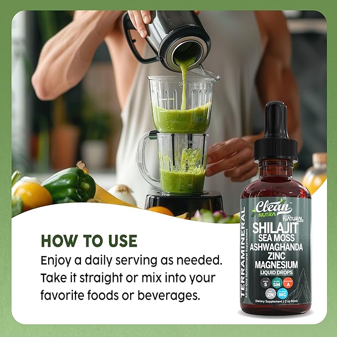 Shilajit Liquid Drops with Sea Moss, Ashwagandha, Zinc, Magnesium, Liquid Vitamins for Women and Men - Terra Mineral by Clean Nutra