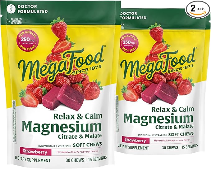 MegaFood Relax + Calm Magnesium Supplement - Soft Chews with Magnesium Citrate & Magnesium Malate for Heart Health, Muscle Tension & More - Vegetarian - Strawberry-Flavor - 30 Chews per Pack (2 Pack)