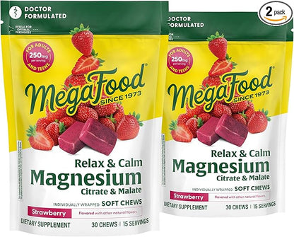MegaFood Relax + Calm Magnesium Supplement - Soft Chews with Magnesium Citrate & Magnesium Malate for Heart Health, Muscle Tension & More - Vegetarian - Strawberry-Flavor - 30 Chews per Pack (2 Pack)
