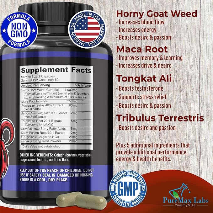 Horny Goat Weed Extra Strength -120 Capsules w. Maca, L-Arginine, Ginseng - Boost Desire, Performance, Stamina, Energy, Non-GMO Formula, 120 Capsules