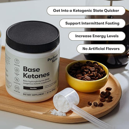 Perfect Keto Exogenous Ketones Powder, BHB Salts Supplement for Ketosis & Fasting, Plus Electrolytes for Hydration, Caffeine Free Energy, Keto Diet, Focus & Workout Support, Vanilla, 6.7 oz